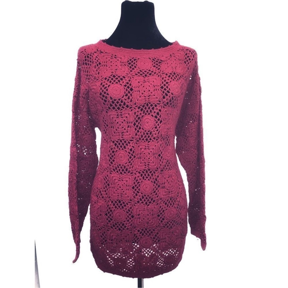 Vintage Y2K 90s Bohemian Burgundy Wine Crochet Tunic Sweater - Picture 5 of 14